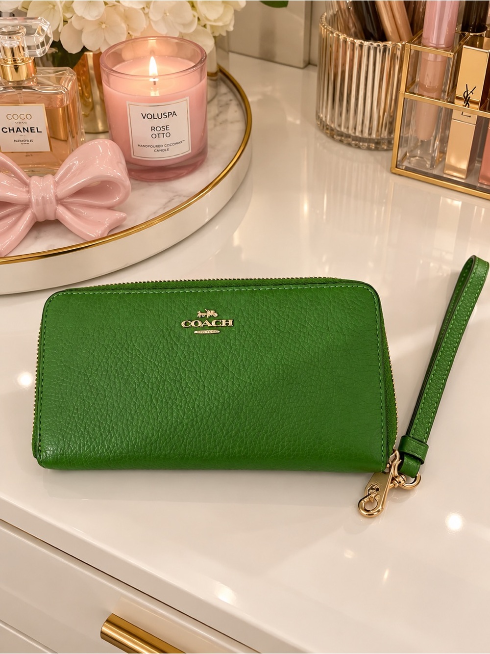 Coach Green Pebbled Leather Zip Wristlet Wallet with Gold Hardware